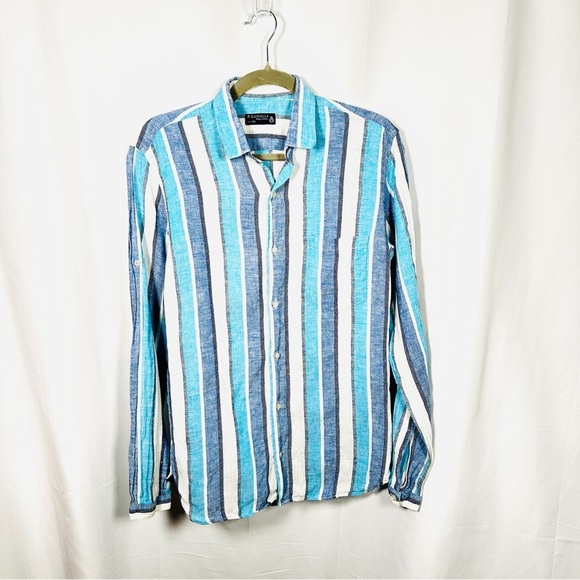 P. Langella Linen Button Down Italian Stripe Shirt Mediterranean Men’s M Blue - Picture 3 of 16